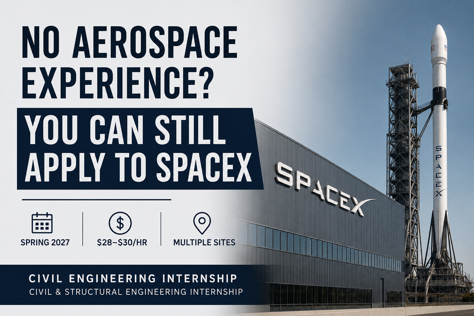 SpaceX Spring 2027 Civil Engineering Internship paying $28 to $30 per hour